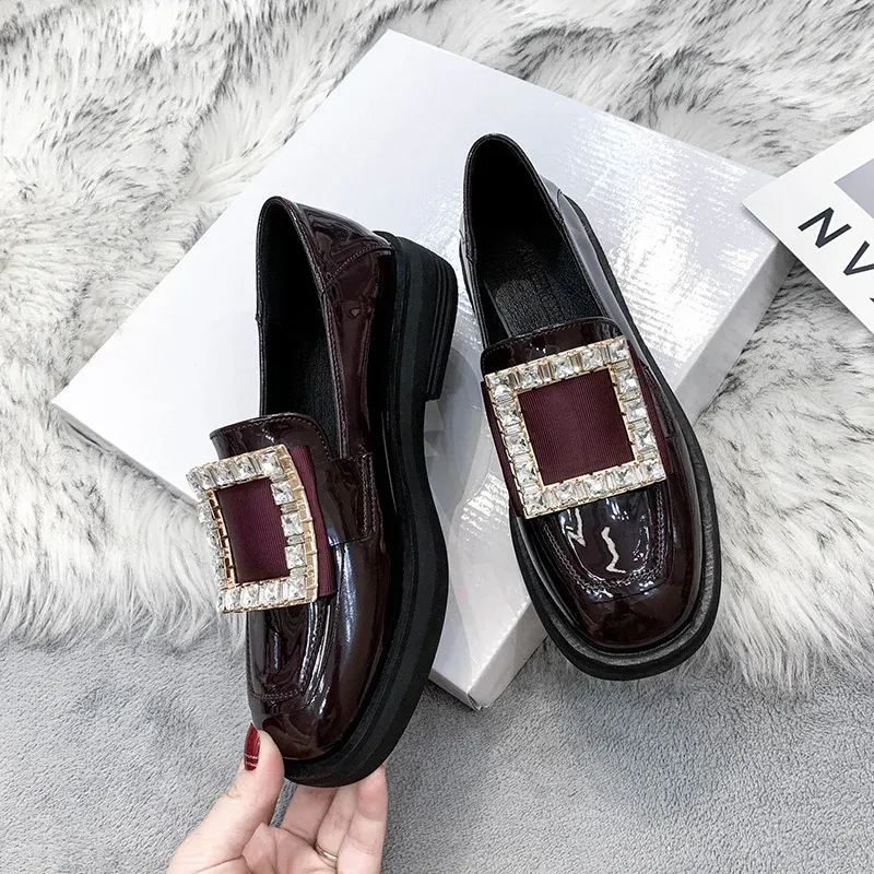 Boots Metal Crystal Small Leather Shoes Women Square Toe Thick Heels Loafers Plush Japanned Leather Oxfords Woman Flats 2022