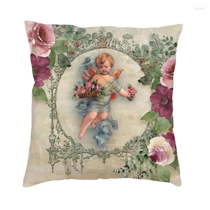 Подушка викторианской эпохи с принтом ангела и винтажными букетами роз в стиле шебби-шик, чехол 45x45 см, роскошный чехол для дивана, бархатная наволочка