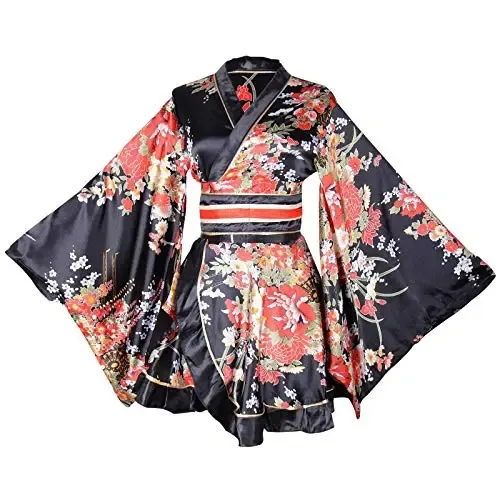 Sleepwear Women's Kimono Costume Adult Japanese Geisha Yukata Sweet Floral Patten Gown Blossom Satin Bathrobe Sleepwear with Obi Belt