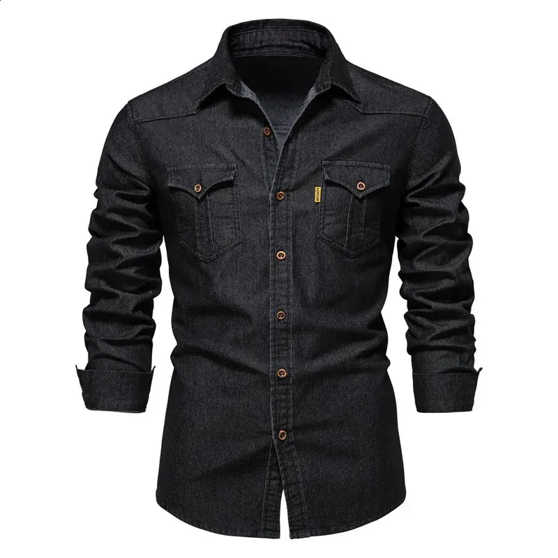 Elastic Cotton Denim Shirt High Quality Men Long Sleeve Solid Color Pocket Shirts for Men Casual Slim Fit Mens Designer Clothing 240313