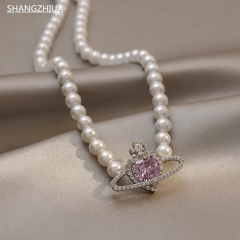 Shangzhihua Korean Fashion Purple Heart Crystal Stud Naszyjnik dla kobiet Elegancka planeta Wisior Prezenty biżuterii 240313