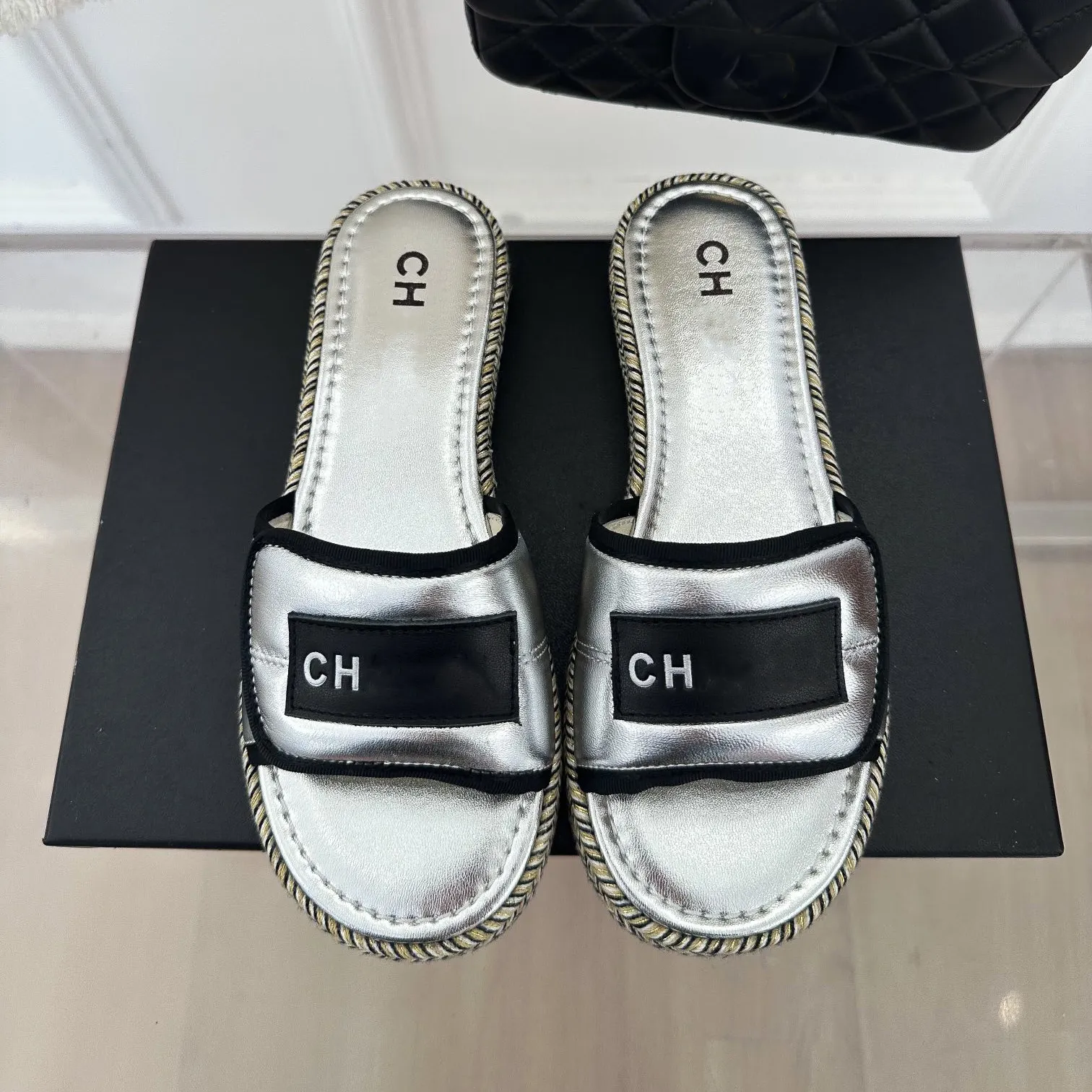 classic Color-matching platform sandals slides designer women girls sweet slippers summer luxuries Flat Flip Flops Silver beige white tweed weave Fashion casual