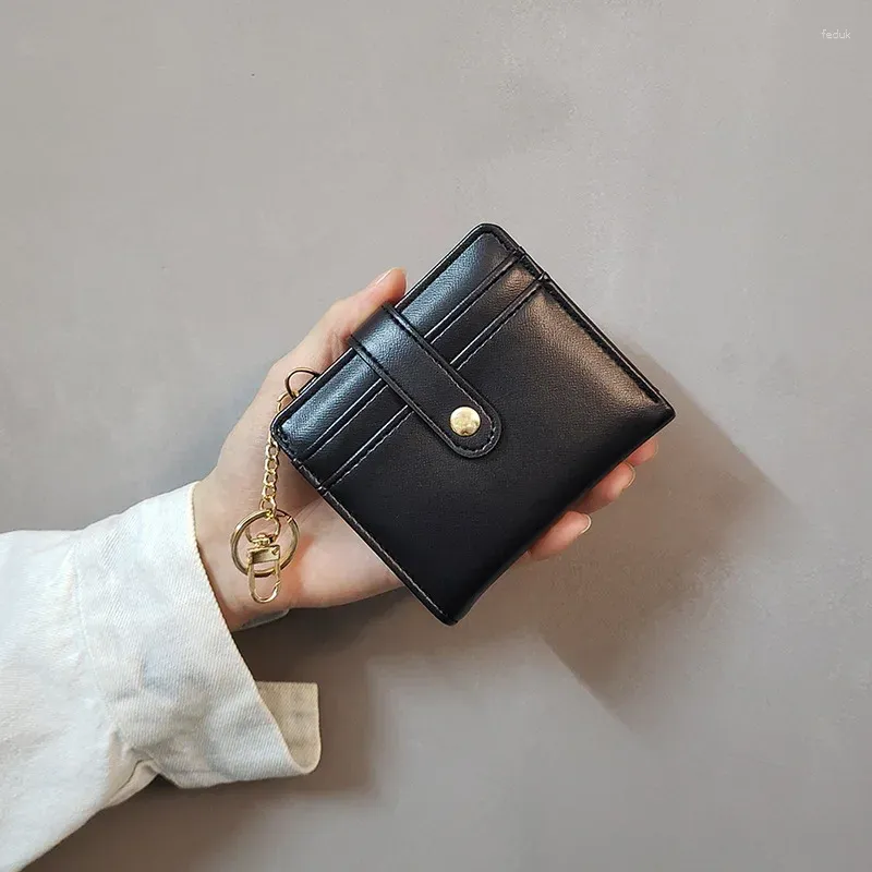 Plånböcker myntväska PU Kvinnor Purses Kort tunna små plånbok Chic Metal Button Ladies äkta läderkorthållare Keychain