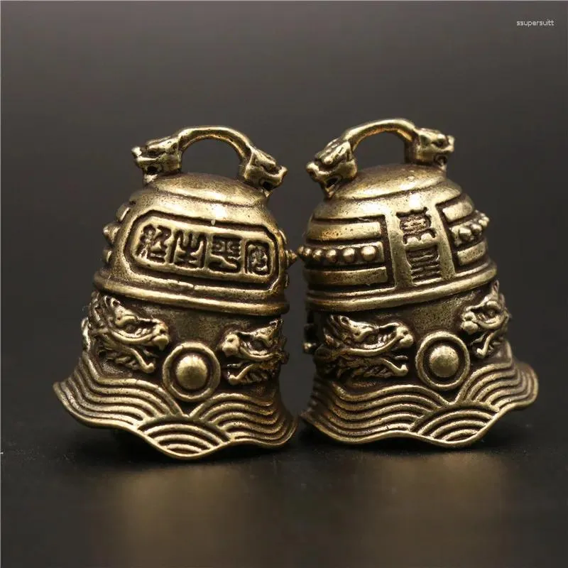 Figurines décoratives en laiton pur, Double Dragon perle roi pendentif Antique Imitation cloche porte-clés Accessoires Miniatures