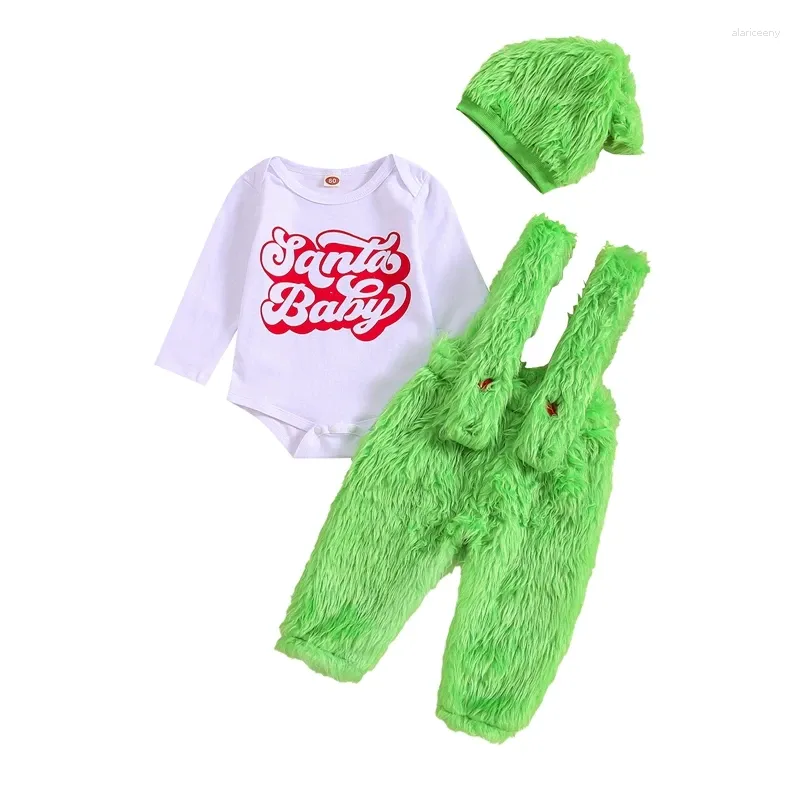 Ensembles de vêtements pour bébés garçons et filles, combinaison de noël, ensemble de lettres de monstre vert imprimé, barboteuse floue, pantalon de costume à bretelles