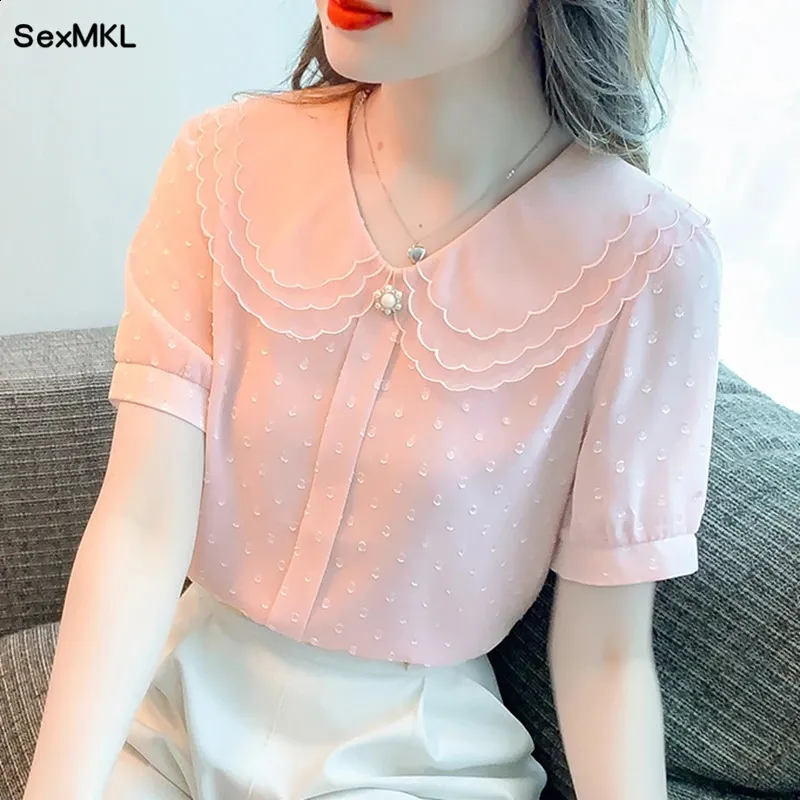 Summer Szyfon Blouses Kobiety Elegancki koreański mody mody -puff rękawa Blusas Mujer Slim Sexy Ladies Francuski vintage różowy topy Y2K 240306