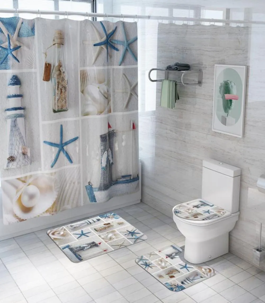 Övergångsgräns Ny Sea Star Ocean Printing Shower Curtain Golvmatta Fyra stycken Set Badrummatta Set Partition Curtain Amazon Bathro2626288