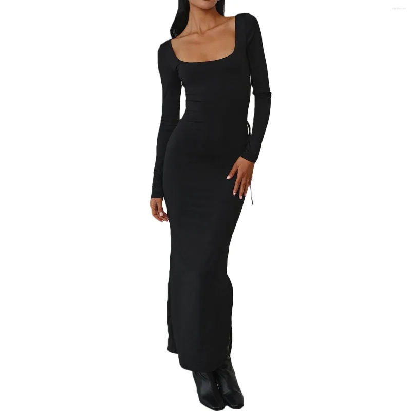 Casual Dresses Women Backless Tie-up Bodycon Dress Sexy Slim Evening Party Square Neck Long Sleeve Open Back Streetwear