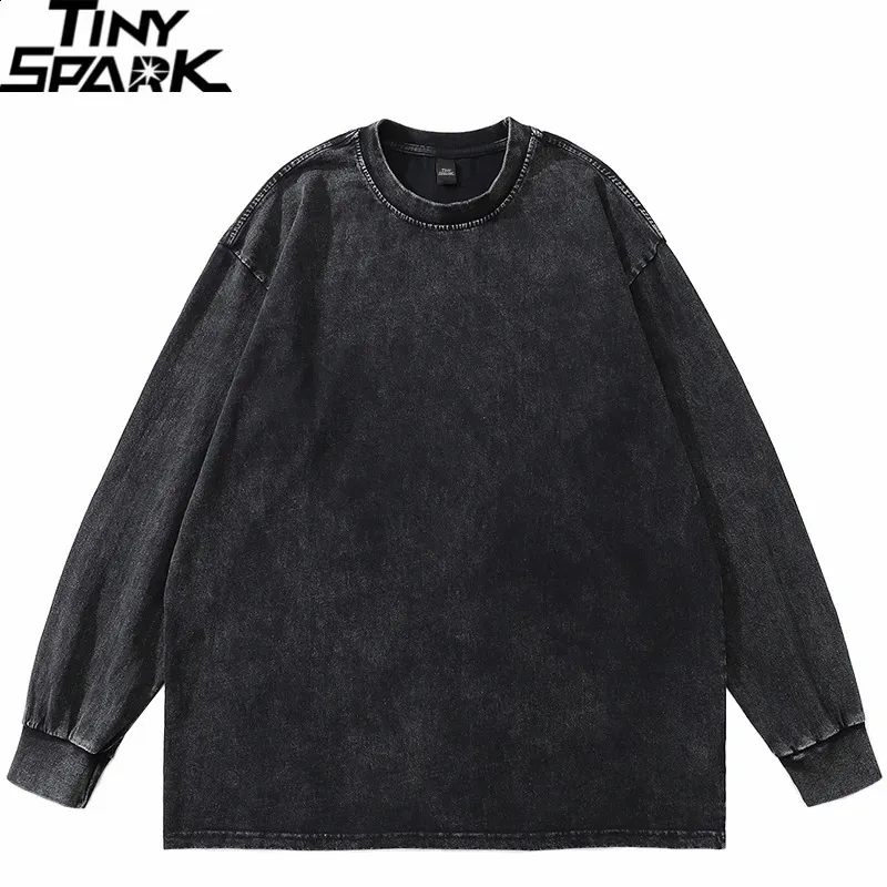 Hip Hop Streetwear Lavato Nero Tinta Unita T Shirt Vintage Harajuku T-Shirt Autunno Uomo In Cotone A Maniche Lunghe Maglietta di Colore Solido 240305