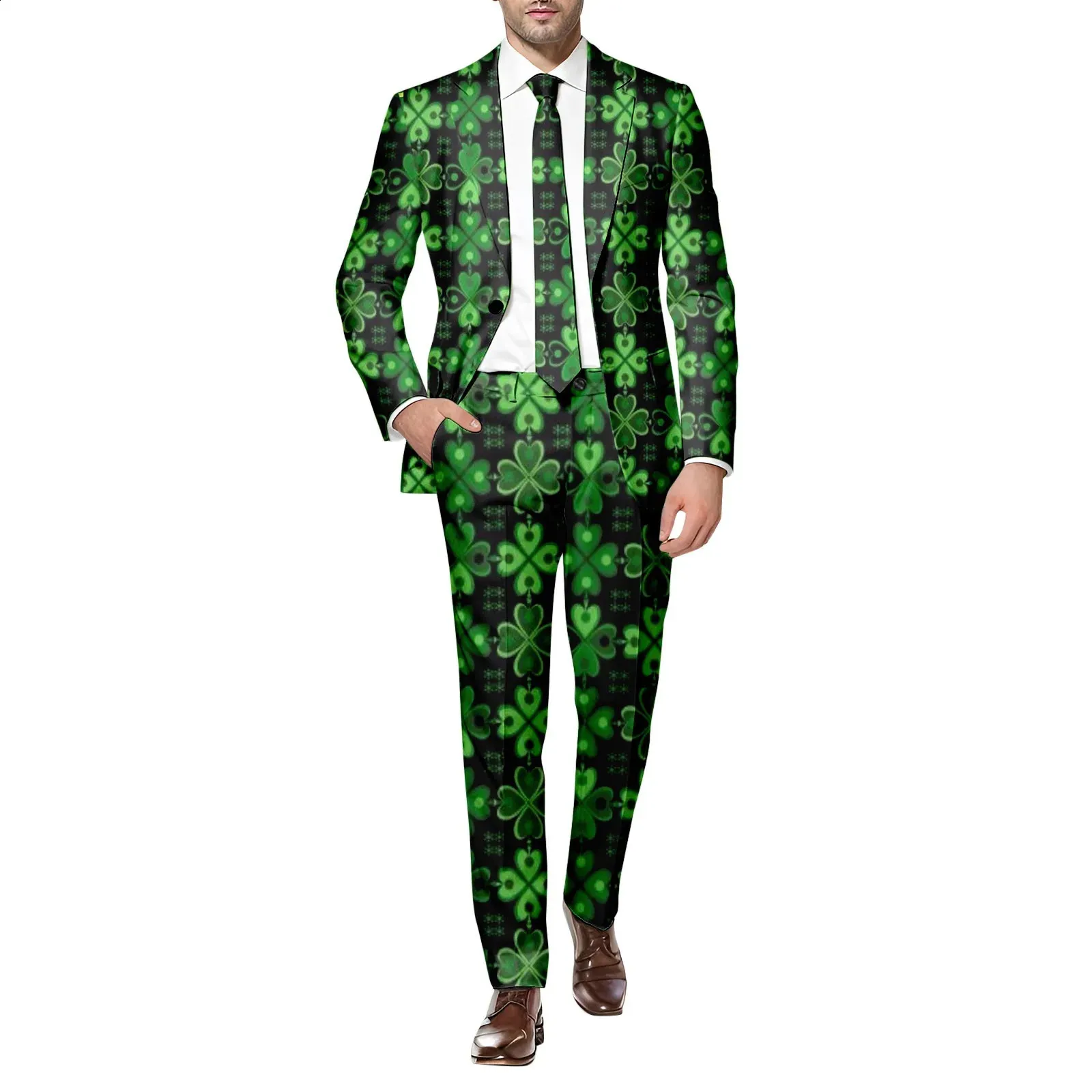 Men St PatrickS Day Coat And Pants Two Piece Suit Printed Long Sleeve Button Multi Pockets For Holiday Party Events 240311