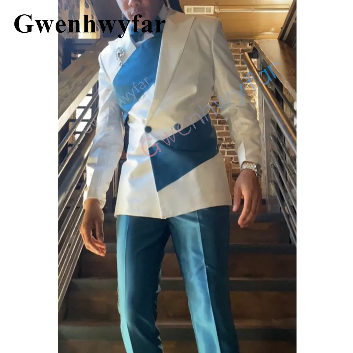 Костюмы Gwenhwyfar Новый специальный дизайн тенденции сшивать пик лацки свадебный жених выпускной костюм