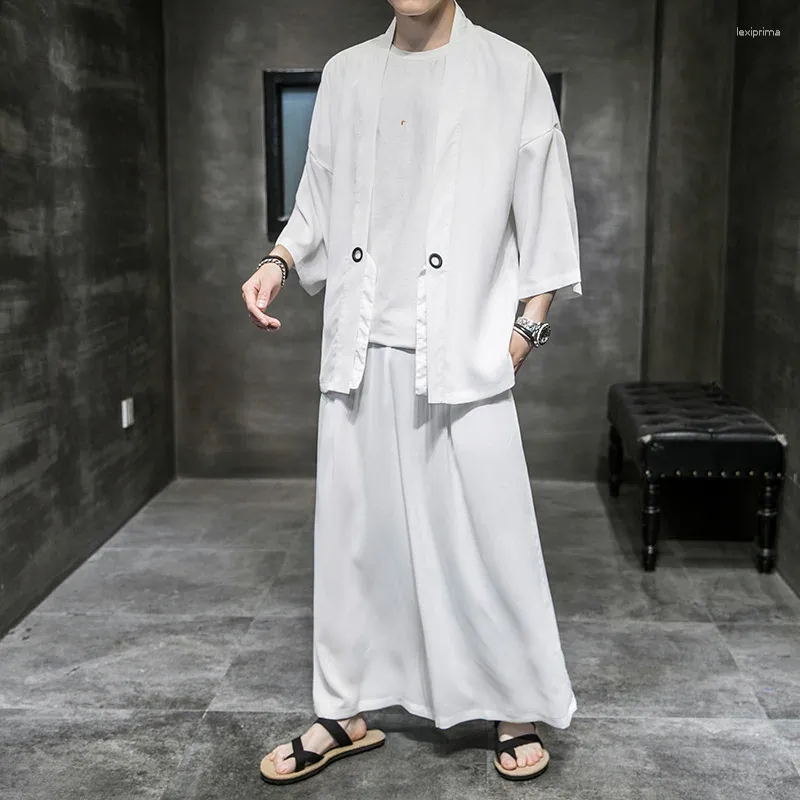 Ethnic Clothing Summer Loose Fitting Kimono Cropped Pants Two-Piece Set Traditional Japanese Cardigan Plus Size 5XL Samurai Streetwear