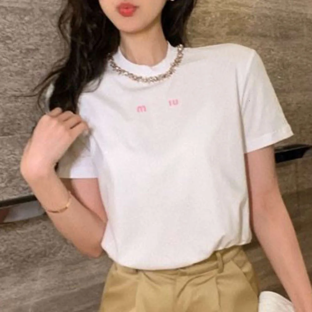 designer t shirt women T shirt womens fashion rhinestone collar letter embroidered graphic tee round neck short sleeve top summer sports tees two color