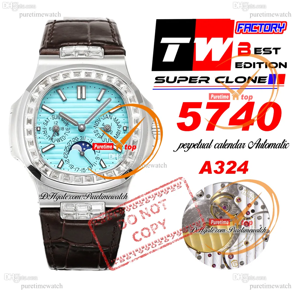 5740 Kalendarz wieczny A324SC Automatyczne męskie zegarek TWF Diamonds Bezel Tiff Blue Teksturę Browna skórzana pasek Super Edition RELOJ HOMBRE Puretimewatch Ptpp F2