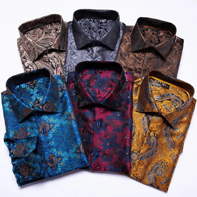 Hi-Tie Blue Mens Shirts Paisley Floral Silk Gold Long Sleeve Casual Shirts For Men Jacquard Male Business Party Wedding Dress 240304