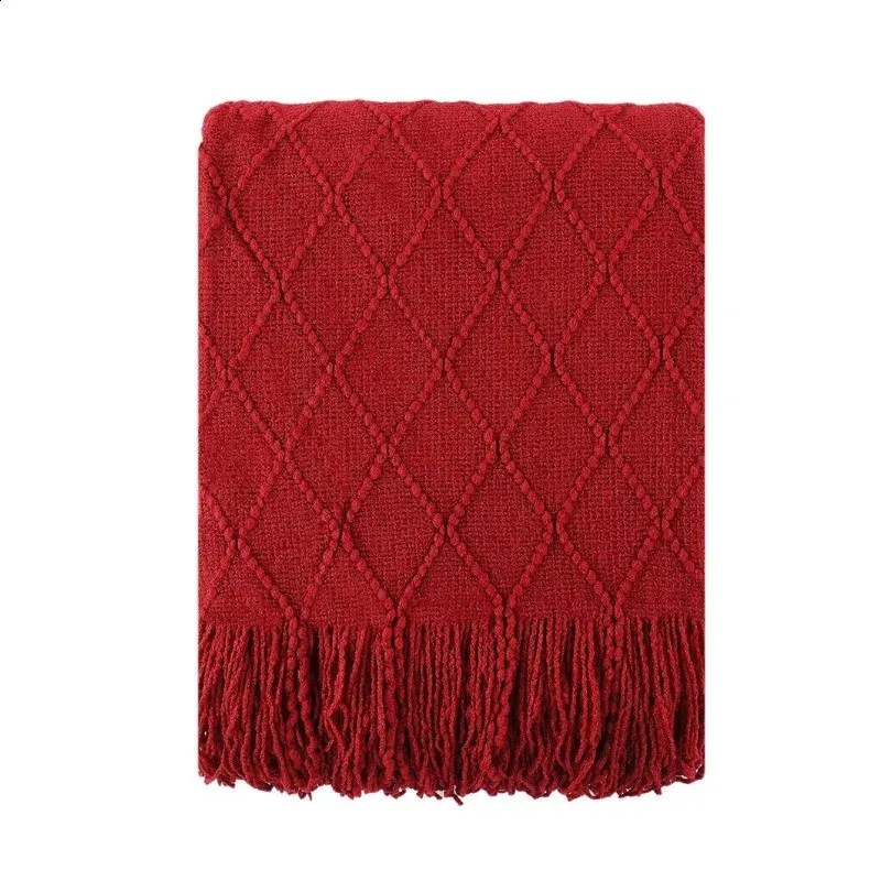 Inyahome Christmas Decor Red Throw Blanket with Fringe Geometric Bed Burgundy Throw Winter Decorative Large Throw for Couch Sofa 240307