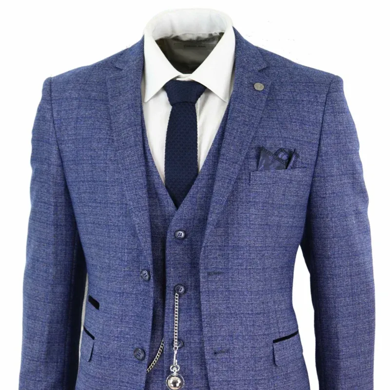 Suits 2020 Blue Mens Suits 3 Piece Tweed Check Men Suit Pocket Watch Tailored Fit Peaky Blinders Terno Masculino