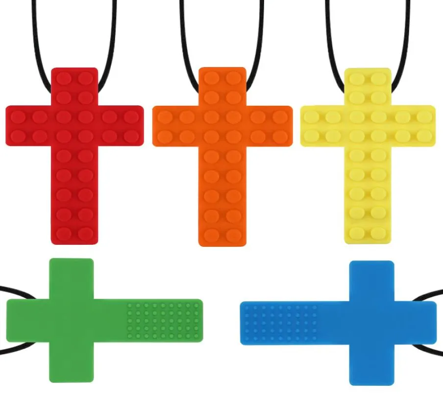 2020 Cross Shape Autism Building Block Tinging Bead Pendant Durable Nursing Baby Silicone Autistic Peace Sensory Chew Molar Neckl2987903