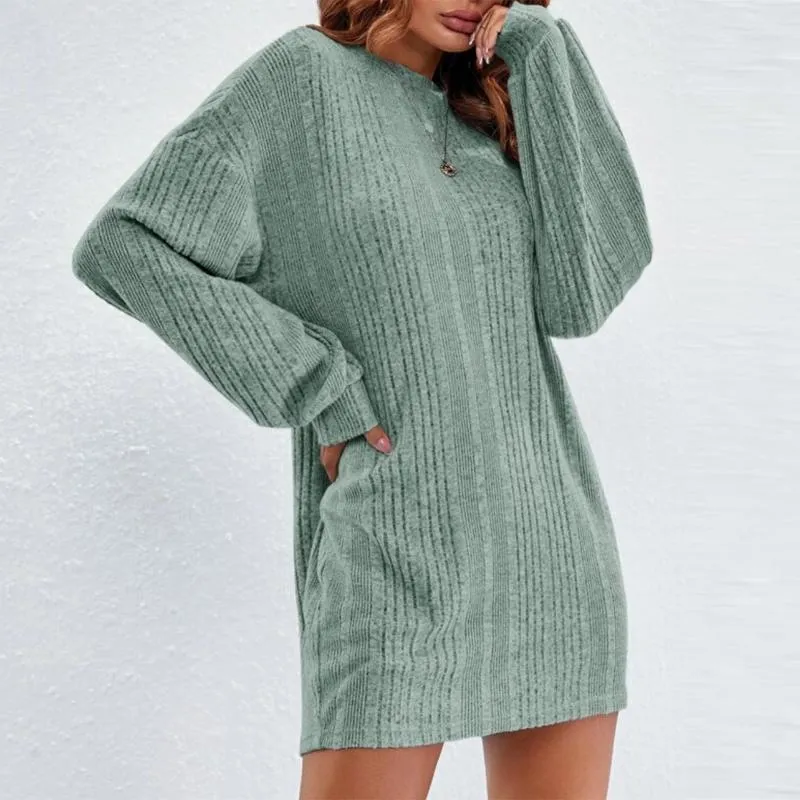 Casual Dresses 2024 Autumn Winter Knitted Women's Long Sleeve Round Neck Warm Wool Plush Dress Solid Color Sweater Robe