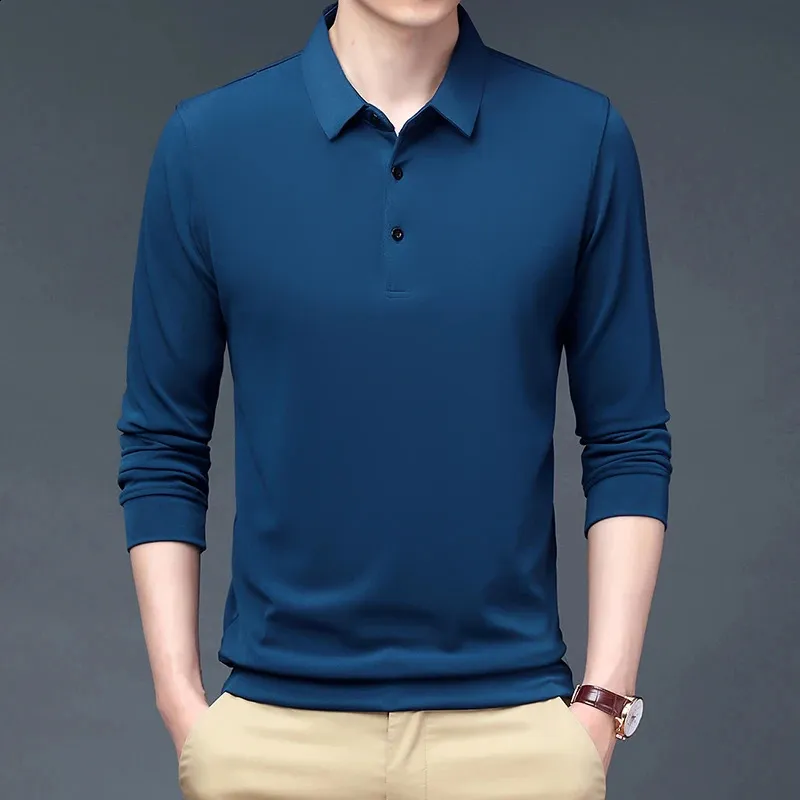 Jesienne Tshirt z długim rękawem Mężczyźni odzież golfowa 2023 Casual Business Polo Shirts Lapel Solid Plain Shirt 240311