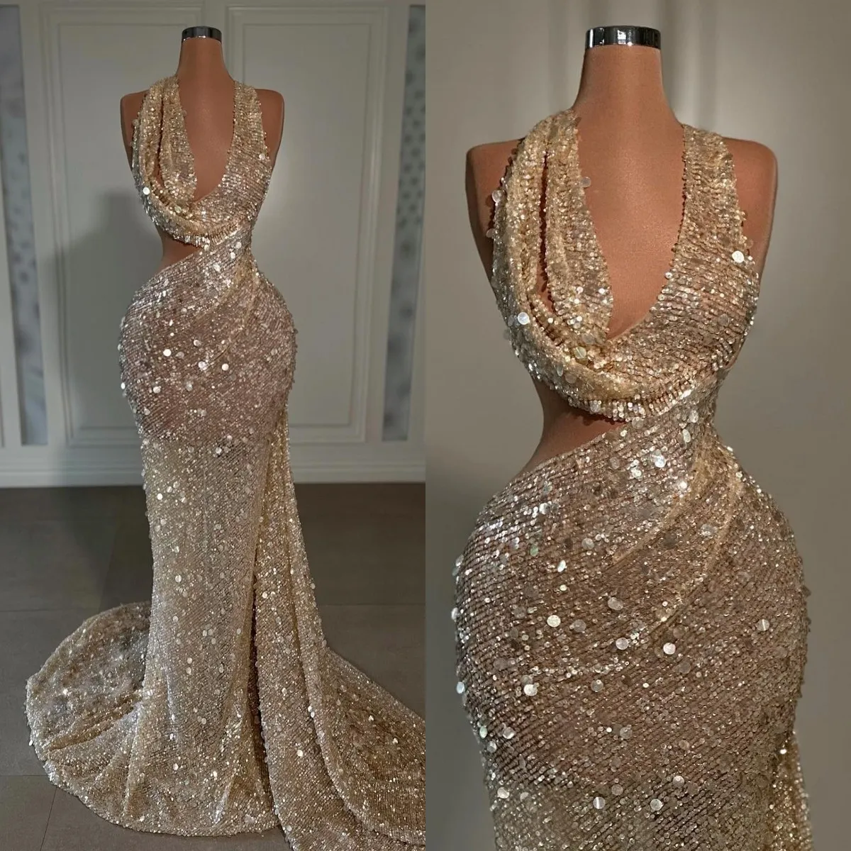 Champagne gold mermaid evening elegant sequins halter v neck promdress glitter formal dresses for special ocns sweep train robe de soiree