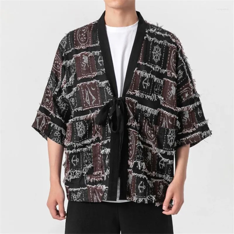 Vêtements ethniques Mode japonaise Kimono Hommes Grande Taille Haori Manteau Casual Homme Trois Quarts Manches Coton Lin Cardigan Hanfu Veste