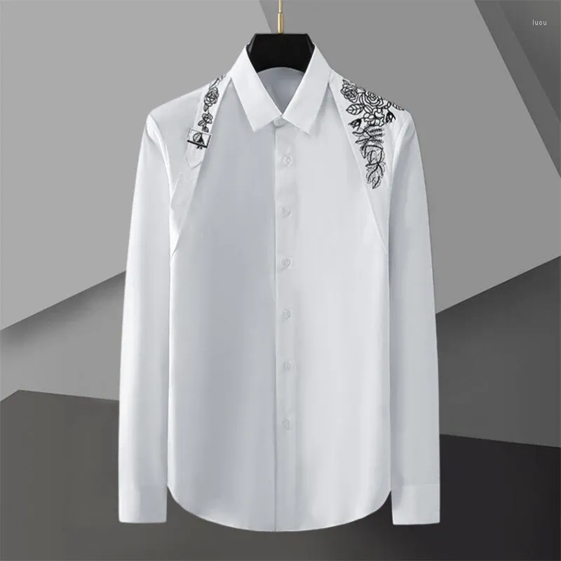 Camisas casuales para hombres Camisa de bordado de manga larga de primavera para hombres Botón Cinta sobre el diseño del hombro Club nocturno Fiesta social Streetwear