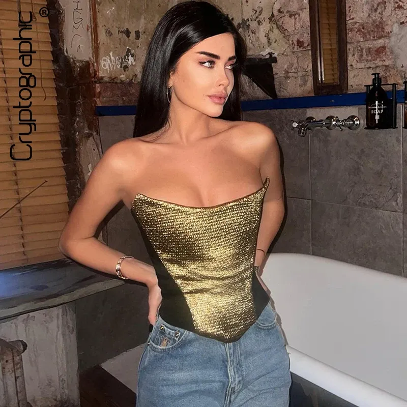 Toppar Cryptographic Sexy Strapless Gold Glitter Corset Tops Club Outfits For Women Rygglösa party Bustier Croped Tops Rave Festival