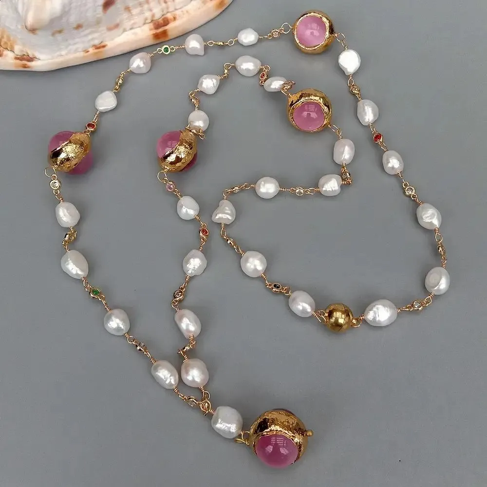 YYGEM – collier de perles baroques blanches d'eau douce, chaîne pavée en Cz, œil de chat rose, longue chaîne de pull, 34 enveloppes, fait à la main pour femmes, 240305