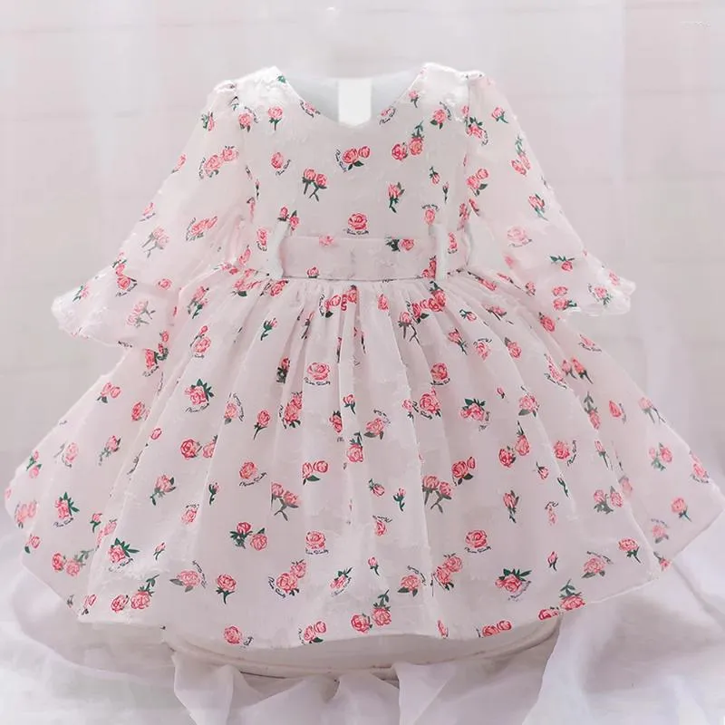 Flickaklänningar Flower Baby Dress Wedding Born 1st Birthday Evening Party Kids Princess för långärmad BridEMaid V-ringad klänning