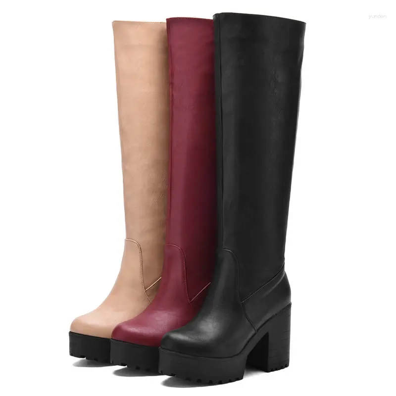 Botas sexis hasta la rodilla de Pu con tacones altos cuadrados para mujer, zapatos combinables a la moda, botines para otoño e invierno de talla grande 34-43 2024