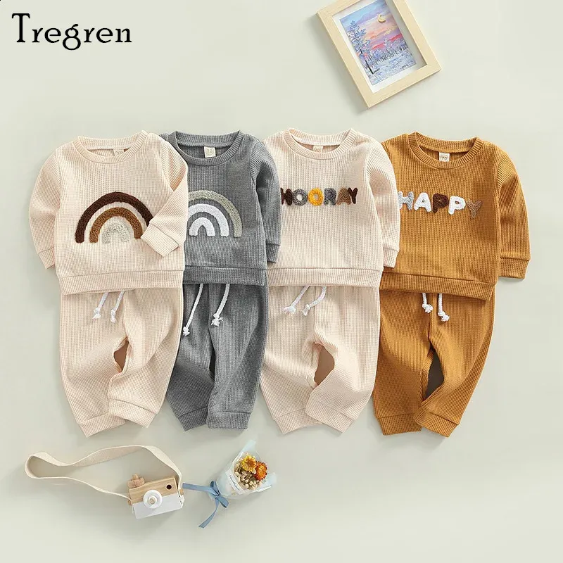 Tregren 024M né bébé garçons filles vêtements gaufre automne tenues lettre arc-en-ciel motif à manches longues sweat pantalon 2 pièces ensembles 240314