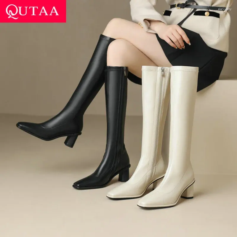 Botas Qutaa 2024 Outono Inverno Mulheres Joelho Alto Plataformas de Microfibra Sapatos Mulher Saltos Escritório Senhora Festa BootSize 34-42