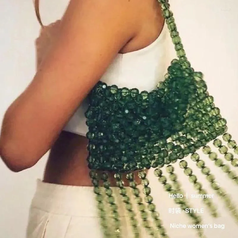 Drawstring Fashion High Quality Tassel Design Women's Shoulder Bags Dark Green Transparent Acrylic Beaded Knitted Handheld Phone Bag