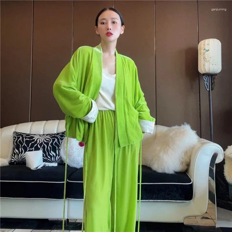 Kvinnors jackor Autumn Chinese Contrast Color långärmad silkes sammet topp snörning upp vintage elegant kappa dubbelsidig bärbar S-XL
