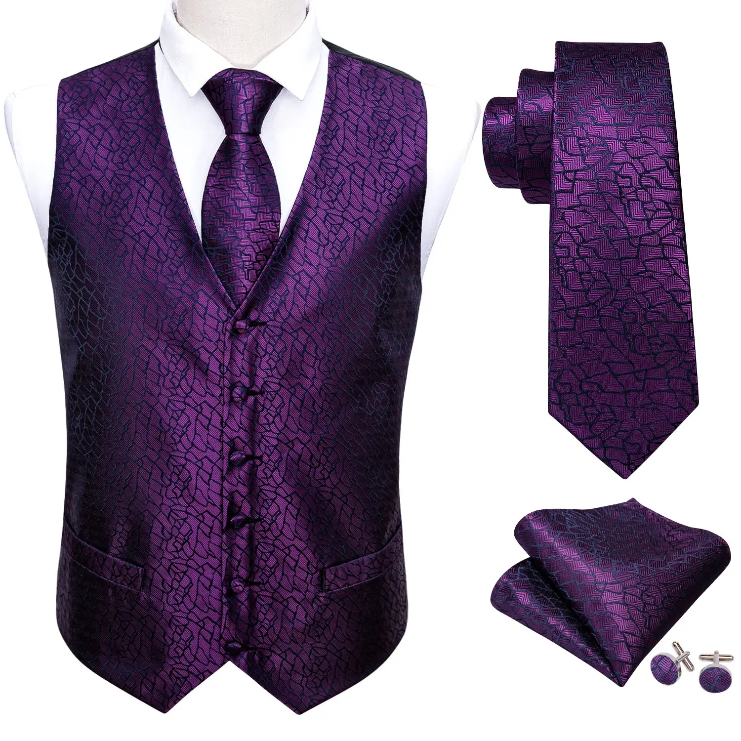 Vests Purple Mens Luxury Brocade Novelty Floral Suit Vest Set Silk Tie Waistcoat Set Men Clothes Barry.Wang Fashion Designer M2035