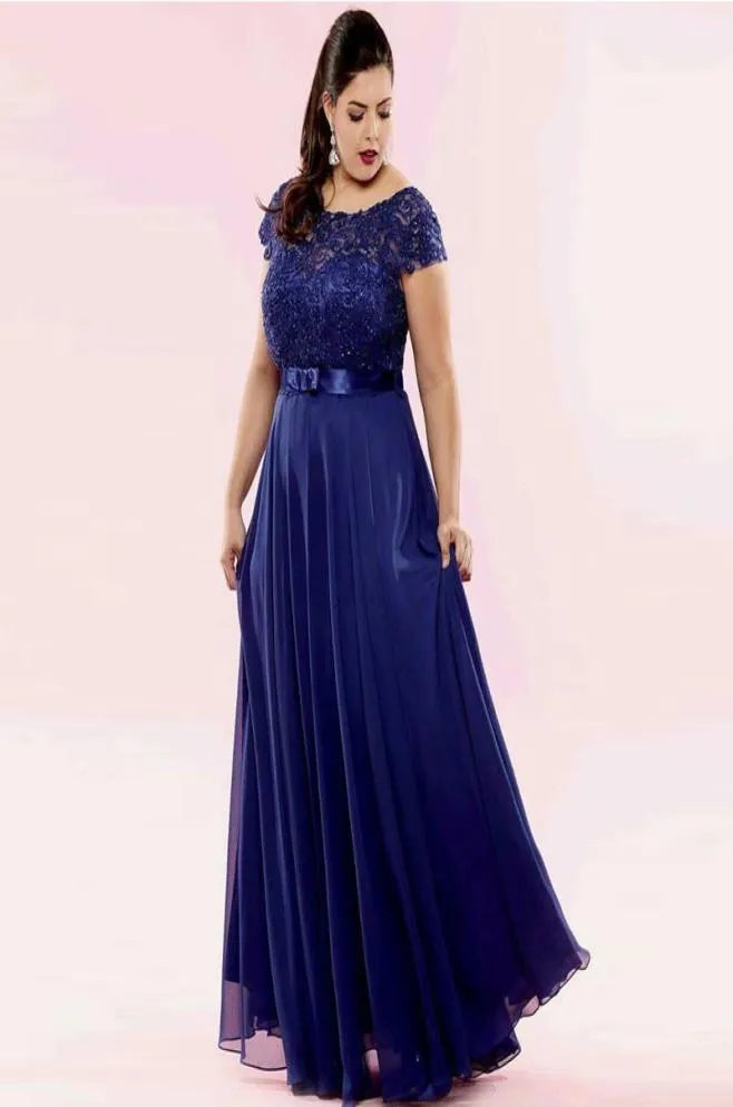 Charming Navy Lace Plus Size Prom Dresses Sheer Bateau Neck Beaded Evening Gowns Sleeves ALine Floor Length Chiffon Formal Dress7180852