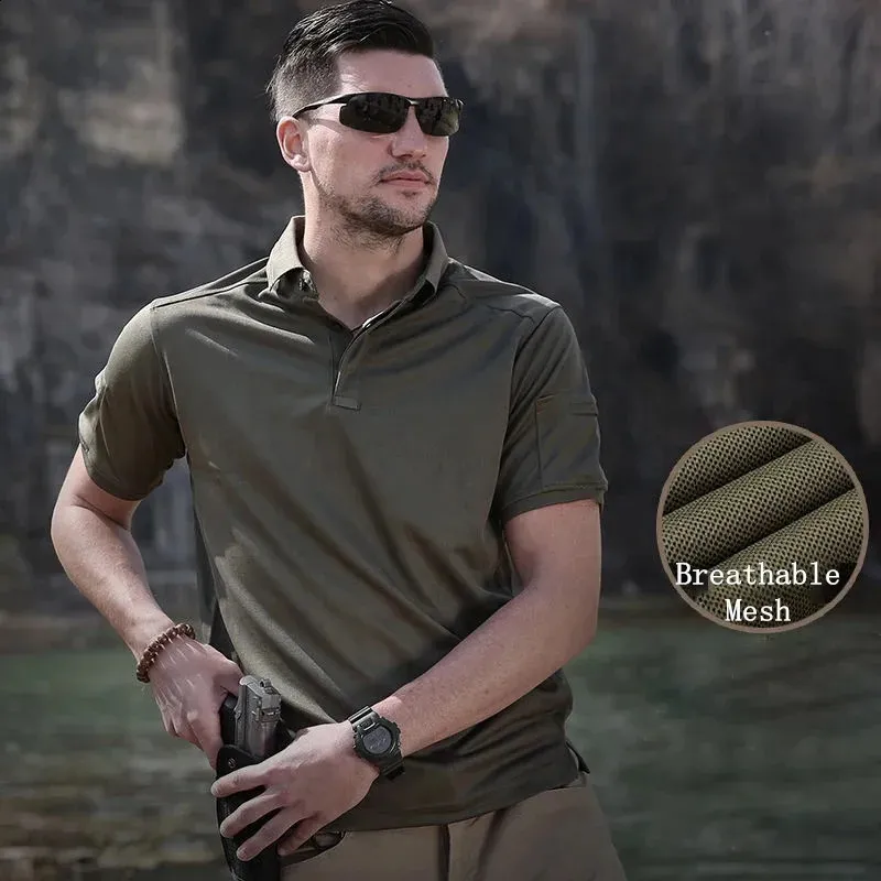 Polo militaire tactique pour hommes maille respirante Combat urbain séchage rapide chasse en plein air randonnée t-shirts polo à manches courtes 240306