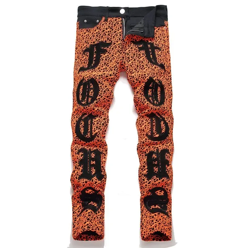 Pants Spider web letter embroidery small straight micro elastic men's jeans street trend orange casual couple fashion retro trousers