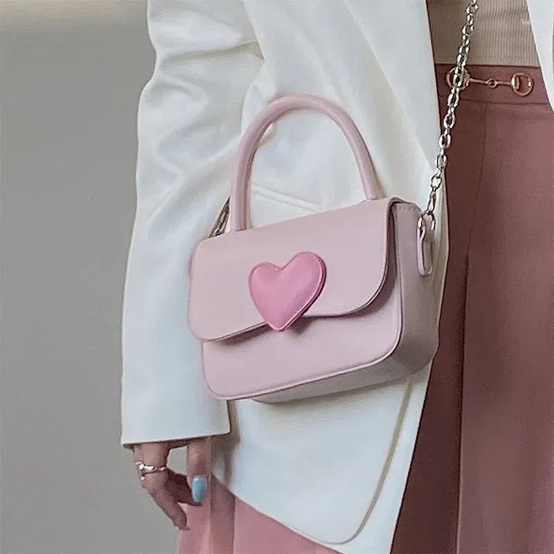 Omuz çantaları pembe kalp girly sevimli kontrast renkler küçük kare çanta moda aşk kadınlar tote çanta el çantaları messenger hediyesi