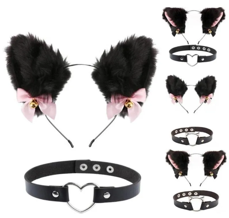 Hårtillbehör Kattörörar Pannband Plush Furry Söt med Bow Bell Chocker Fluffy Headwear Katten Halsband för Party Halloween8252013