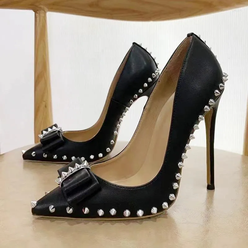 Sapatos de vestido preto rebite arco salto alto raso apontado stiletto bombas para mulheres festa de casamento designer de luxo