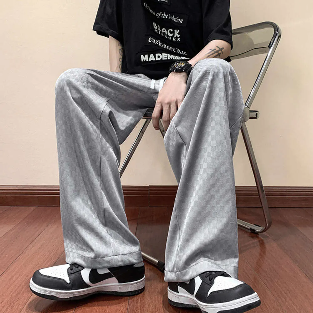 Checkerboard Ice Silk Pants for Men's Spring Autumn 2024, Loose and Casual, Hanging, Versatile, Tall Floor Towers