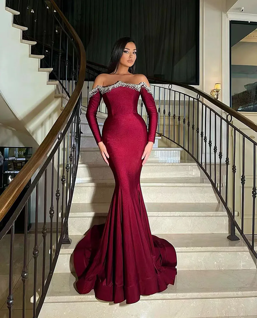 long sleeve mermaid prom dresses Long Sleeves Mermaid Champagne Gold Lace Long Evening Prom Dresses, MR –  MarryLover
