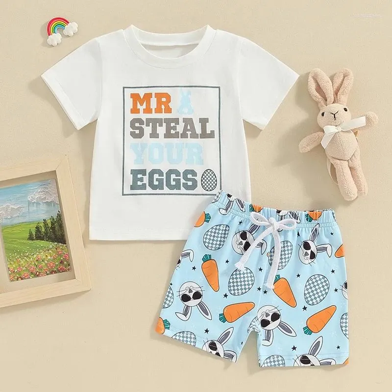 衣類セット幼児の男の子の男の子のイースター服の手紙プリント半袖Tシャツと弾力性のあるショートパンツの幼児服セット