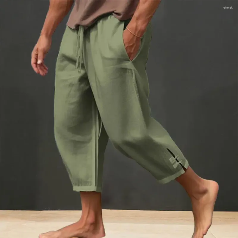 Męskie spodnie sznurka lniana przycięta z elastycznej talii głębokie krocze miękkie oddychające letnie spodnie plażowe