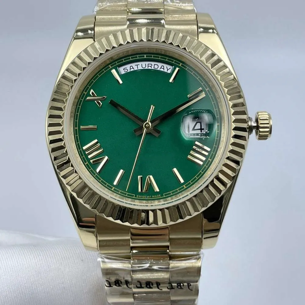 Moda masculina relógio caixa de ouro mostrador verde números romanos aço inoxidável banda de ouro automático 2813 relógios 40mm