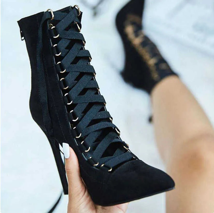 HBP Baba Olmayan Yeni Stil Botas Para Mujer Con Encaje Ayak Bileği Yüksekliği Dantel Yukarı Strappy Women Stiletto Topuklular Sepatu Botlar bayanlar için