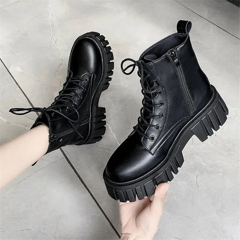Boots Lucyever Chunky Platform Ankle Boots Women Pu Leather Square Heels Combat Boots Woman Lace Up White Black Short Booties Female