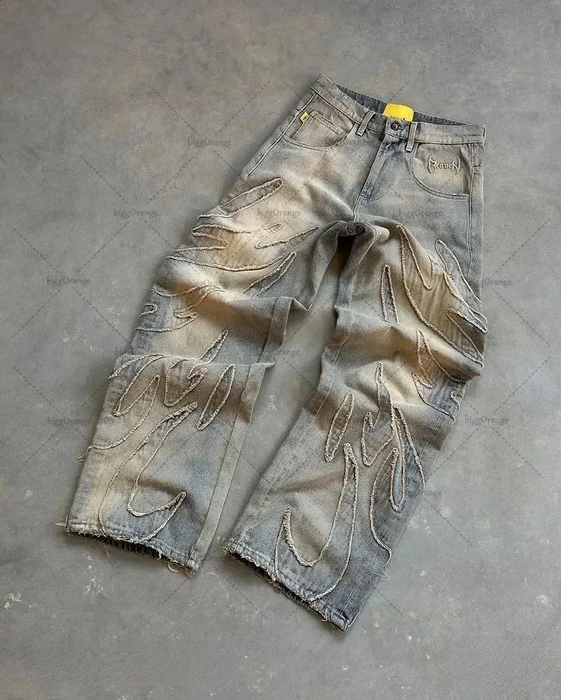 American Style Straight Pants High midja Raw Edge Trendy Brand Overized Jeans Men Y2K Retro Washed Wide Ben 240315